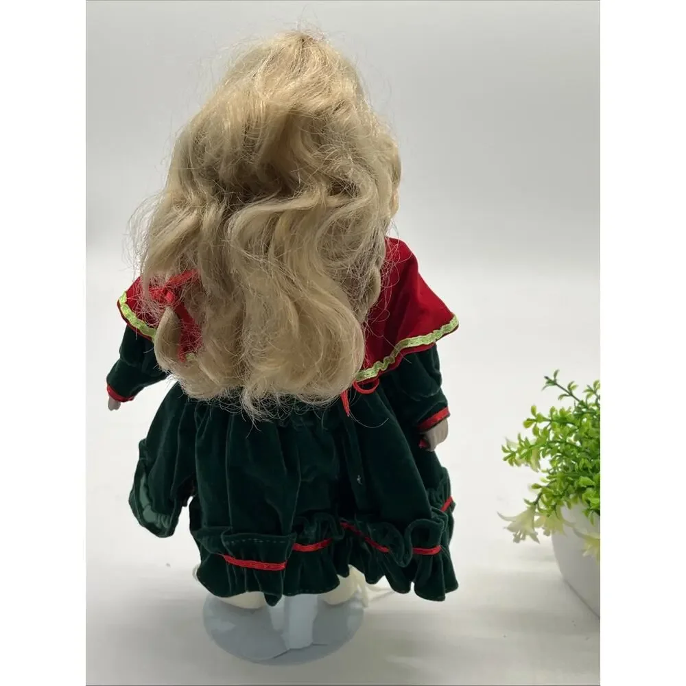 Vintage Porcelain Christmas Doll – Green Dress, Red Cape, Holiday Décor (Blonde)